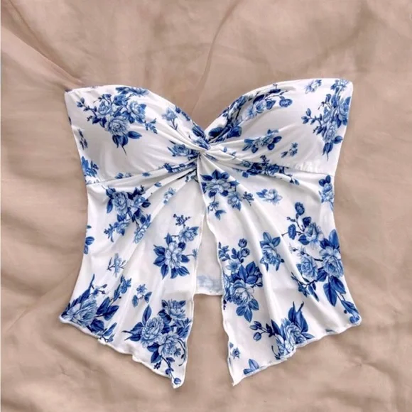 Blue and White Floral Tube Top - Picture 1 of 2